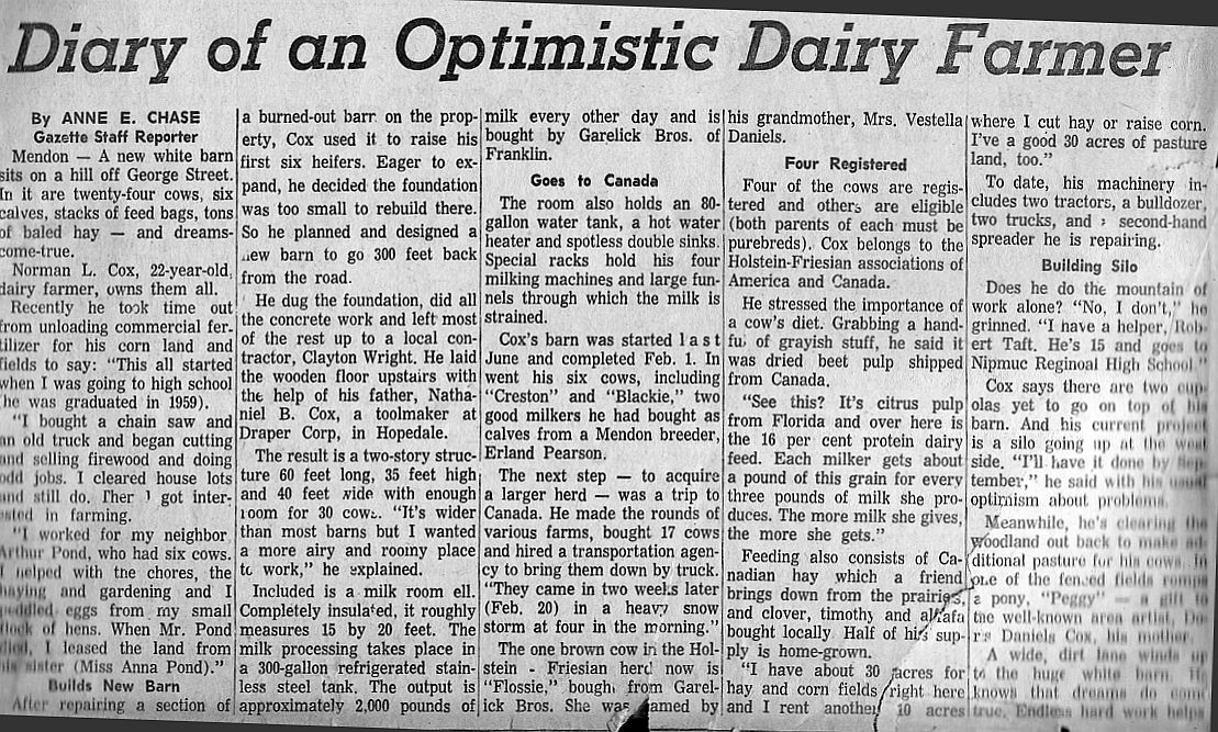 Norman Cox Dairy Farmer History of Hopedale, Massachusetts